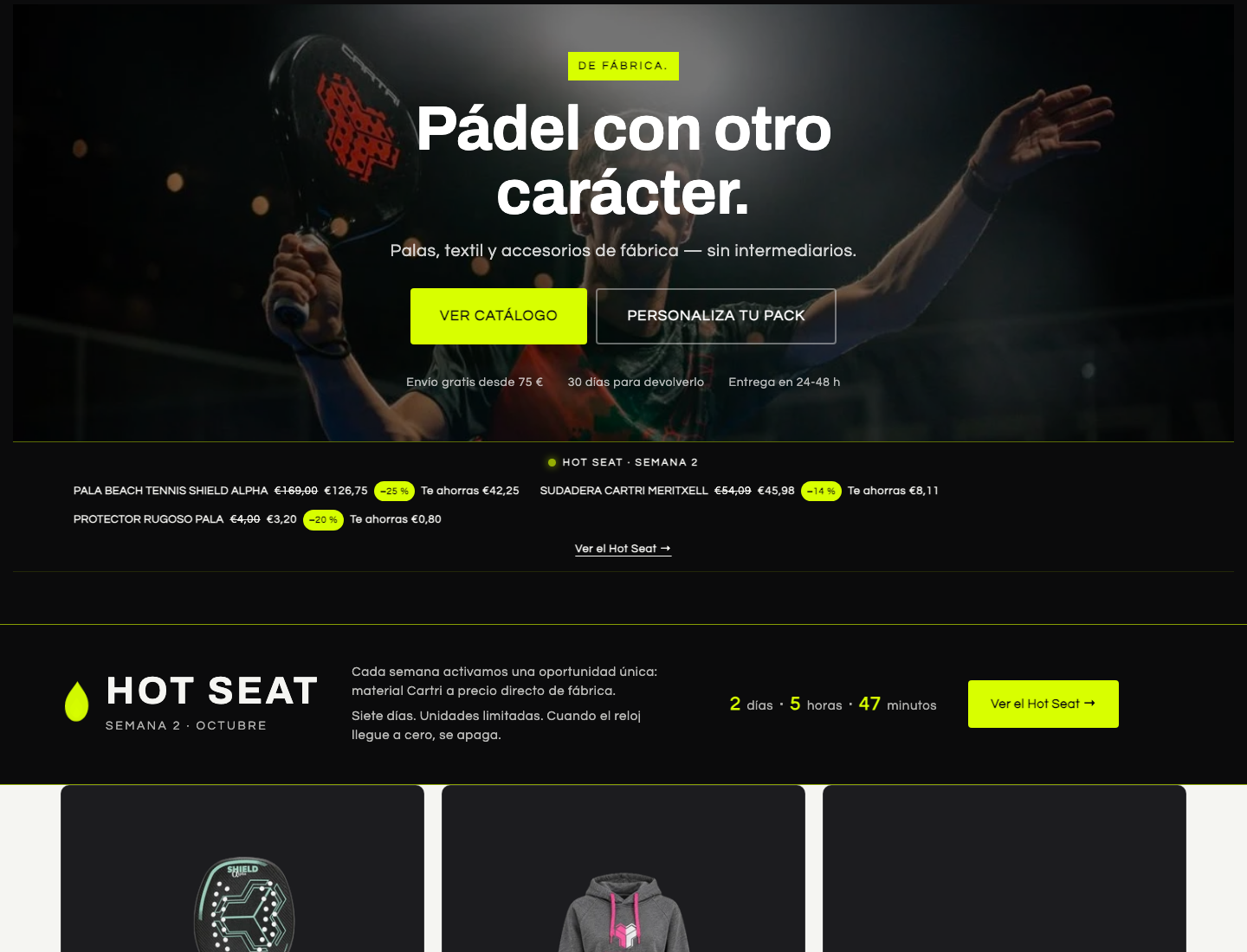 Homepage of cartri.com: a padel player mid-shot under the headline 'Pádel con otro carácter'