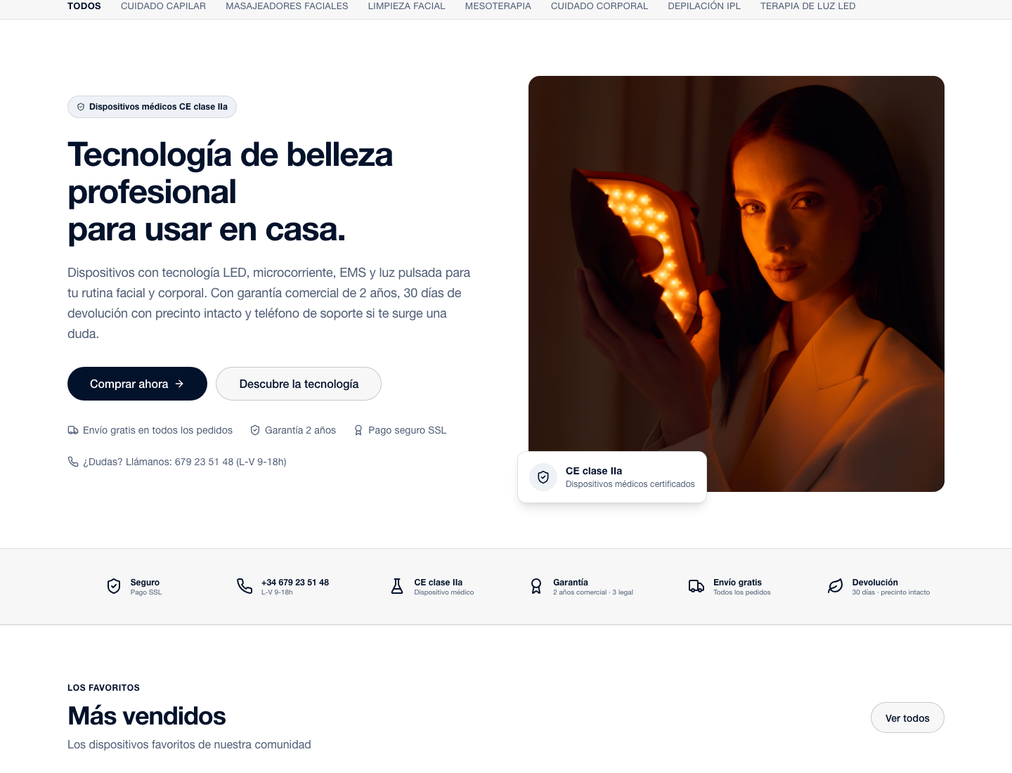Homepage of garettespaña.es: a woman using a red-light LED beauty device under the headline 'Tecnología de belleza profesional para usar en casa'